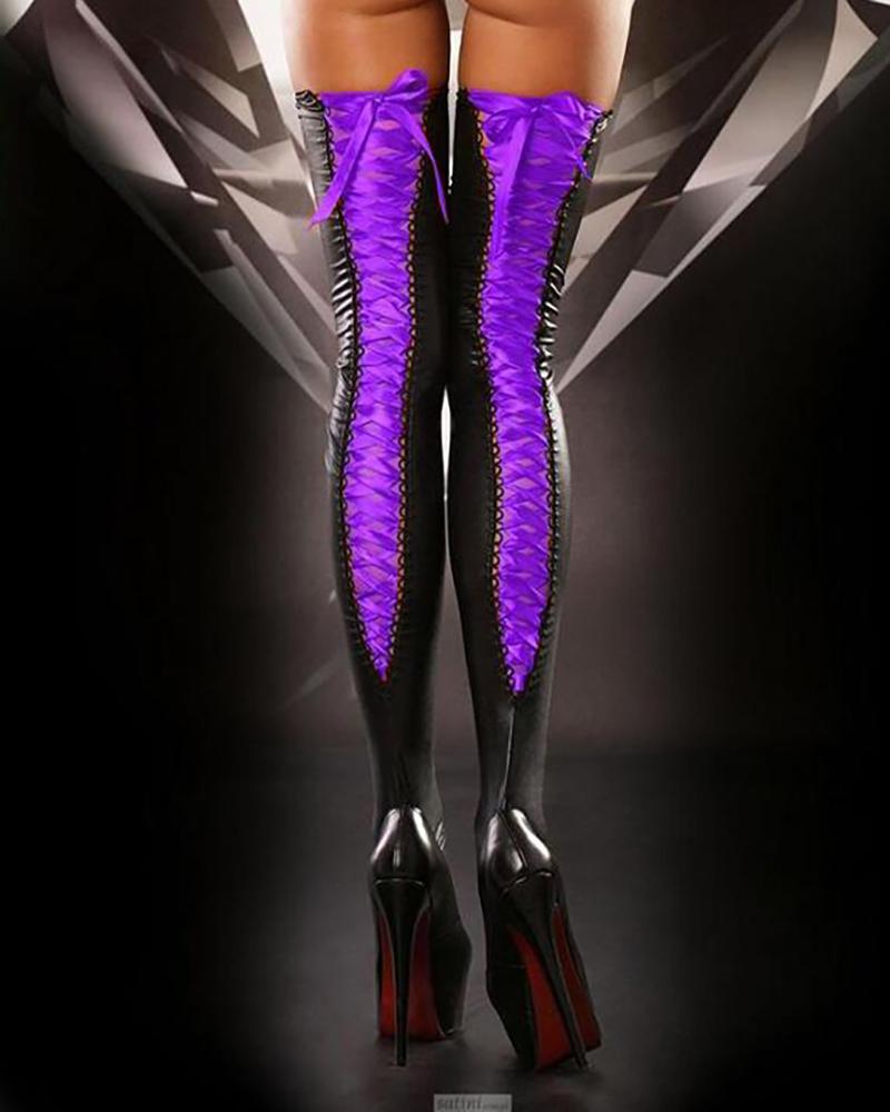 

Lace-up PU Leather Long Stockings, Purple