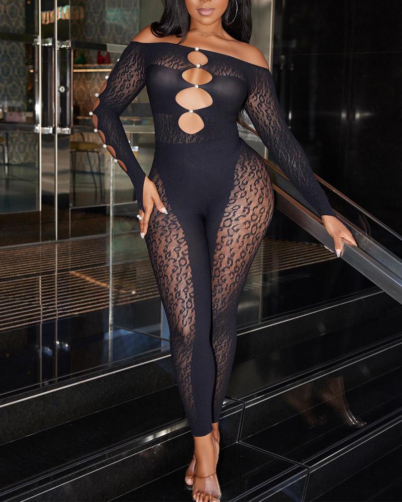 

Rhinestone Off Shoulder Hollow Out Sheer Mesh Jumpsuit, Black