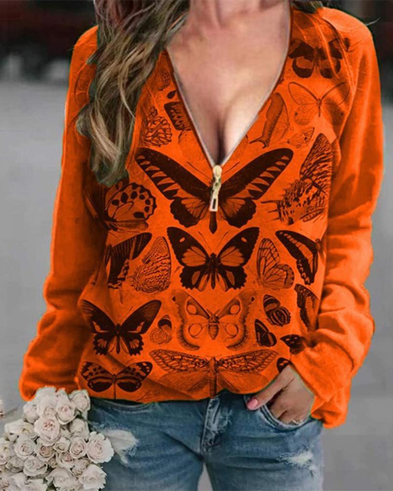 

Butterfly Print Zipper Front Long Sleeve Top, Orange