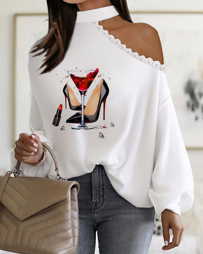 

Heels Graphic Print Lace Patch Cold Shoulder Top, White