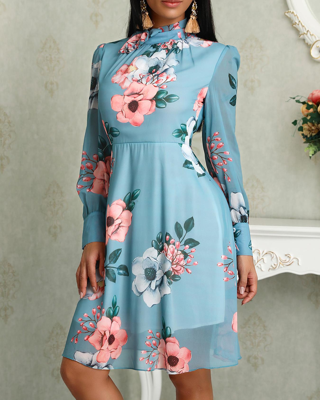 

Floral Print Long Sleeve Tied Neck Dress, Blue