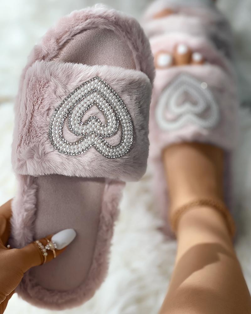 

Rhinestone Heart Pattern Fuzzy Slippers, Pink