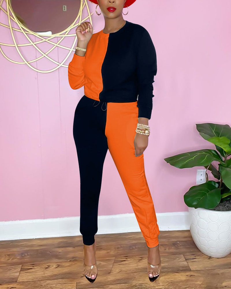 

Color Block Long Sleeve Top & Pants Set, Orange