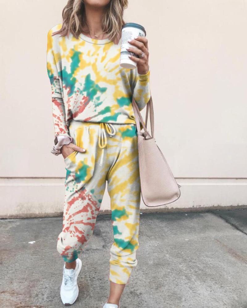 

Tie Dye Print Top & Drawstring Pants Set, Yellow