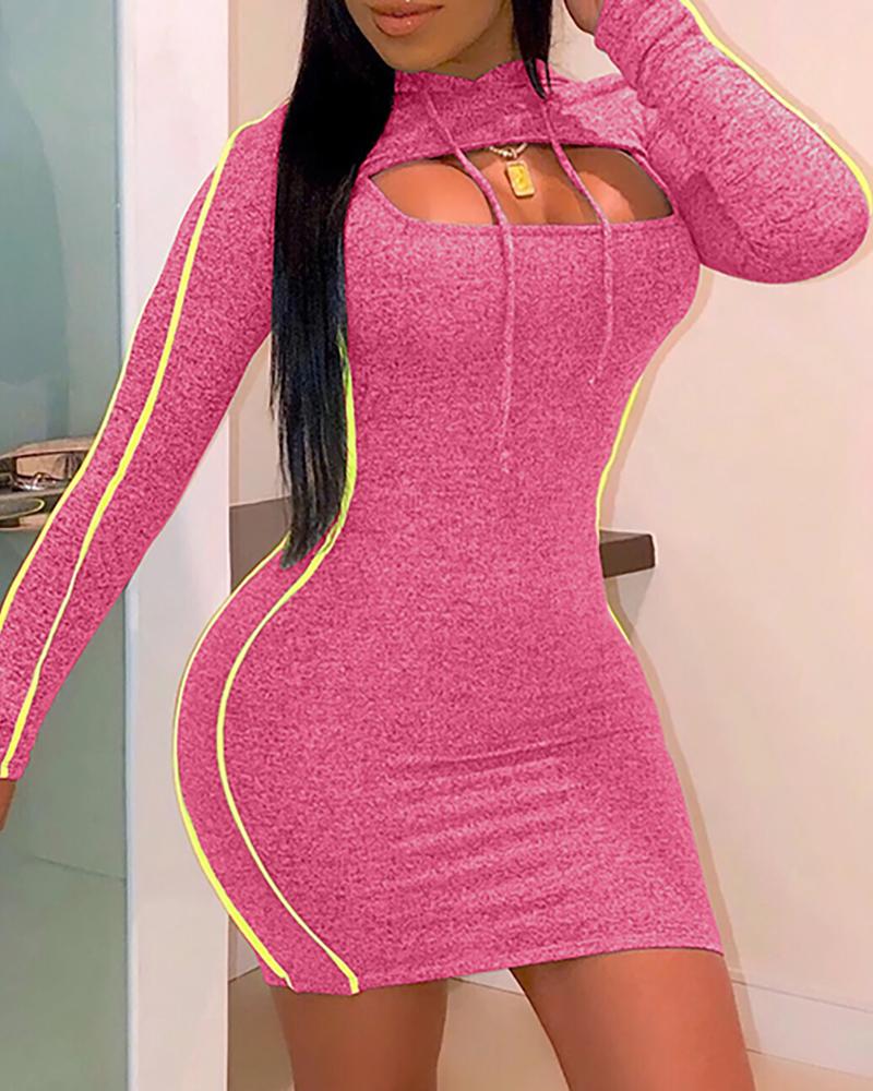 

Contrast Binding Hooded Crop Top & Bodycon Dress Set, Pink