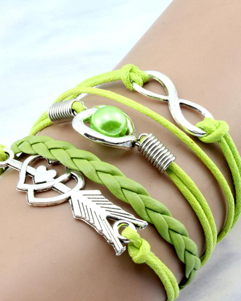 

1pc Double Heart Pearl Decor Multi-Layer Braided Leather Bracelet, Green