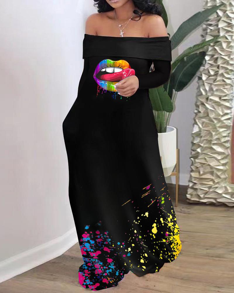 

Lip Letter Print Ink Splash Off Shoulder Maxi Dress, Style3
