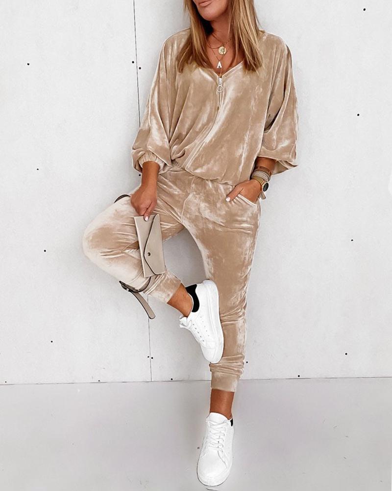 

Velvet Lantern Sleeve Top & Pocket Design Pants Set, Apricot