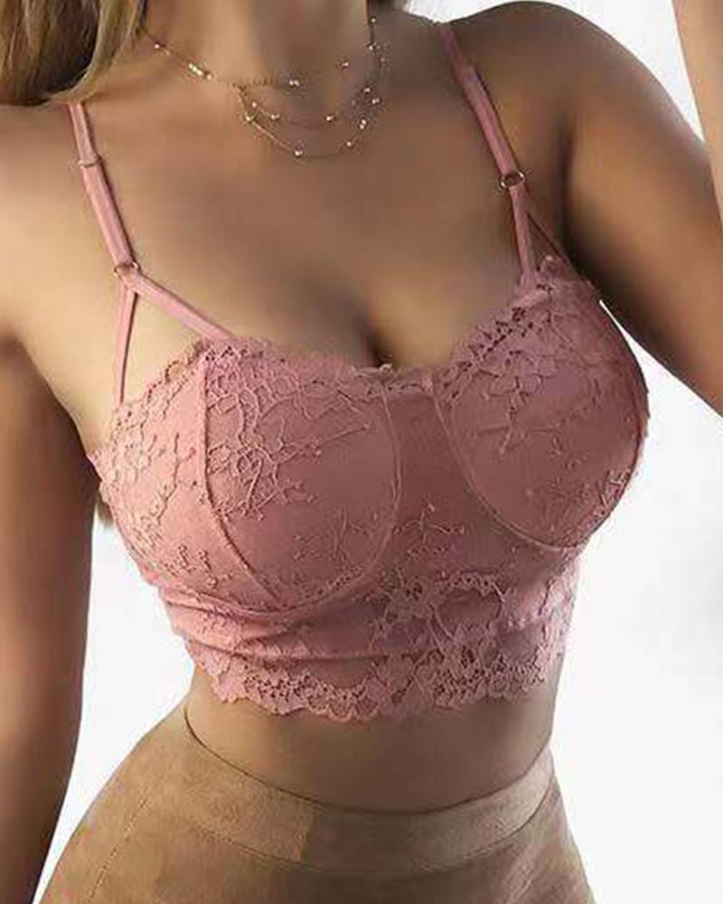 

Solid Strap Skinny Lace Tanks Non-wired Bra, Pink