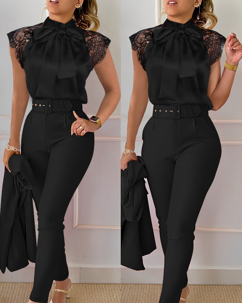 

Contrast Lace Tie Neck Top & High Waist Pants Set, Black