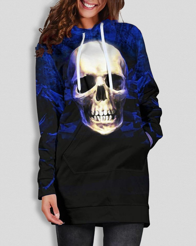 

Halloween Skull Print Ombre Long Sleeve Drawstring Hoodie, Blue