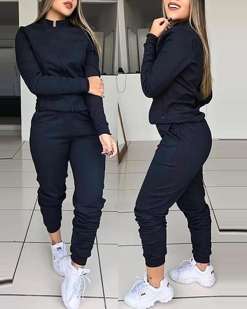 

Zipper Design Top & Pocket Design Pants Set, Black