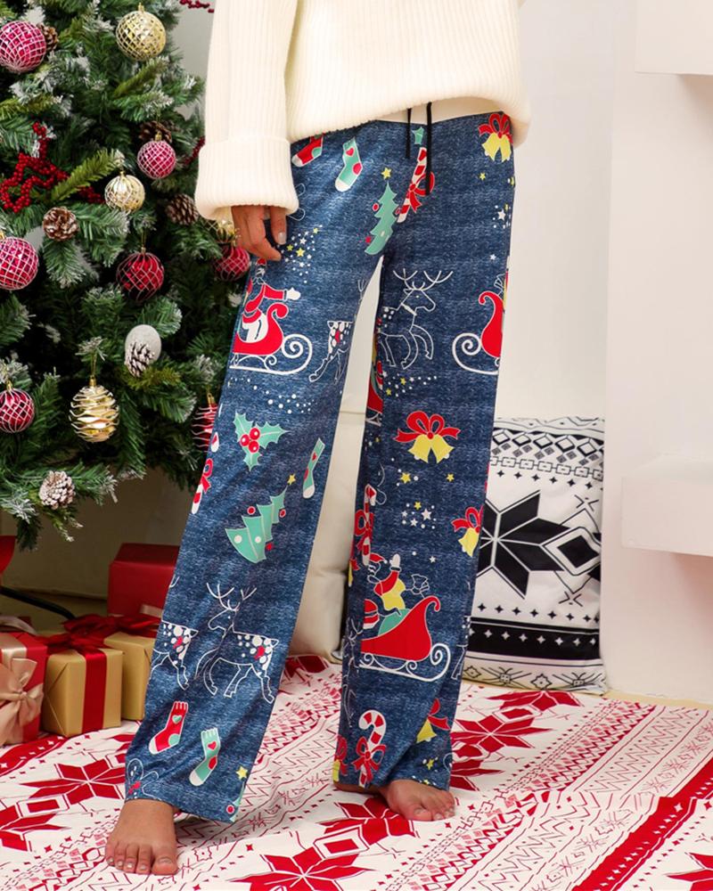 

Christmas Mixed Print Drawstring Wide Leg Pants, Blue