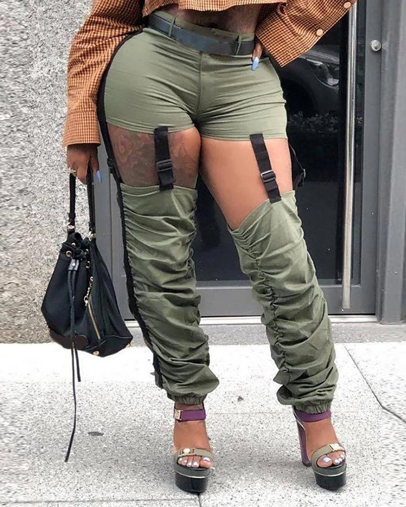 

Ruched Cutout Buckled Cargo Pants, Green