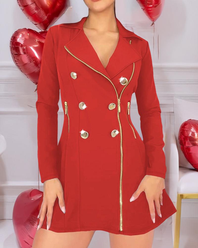 

Buttoned Zipper Pocket Design Notched Collar Blazer Dress, Red