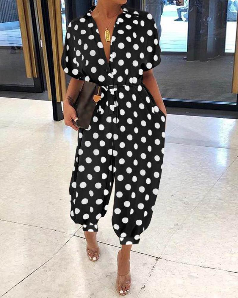 

Plus Size Polka Dot Print Button Front Jumpsuit, Black