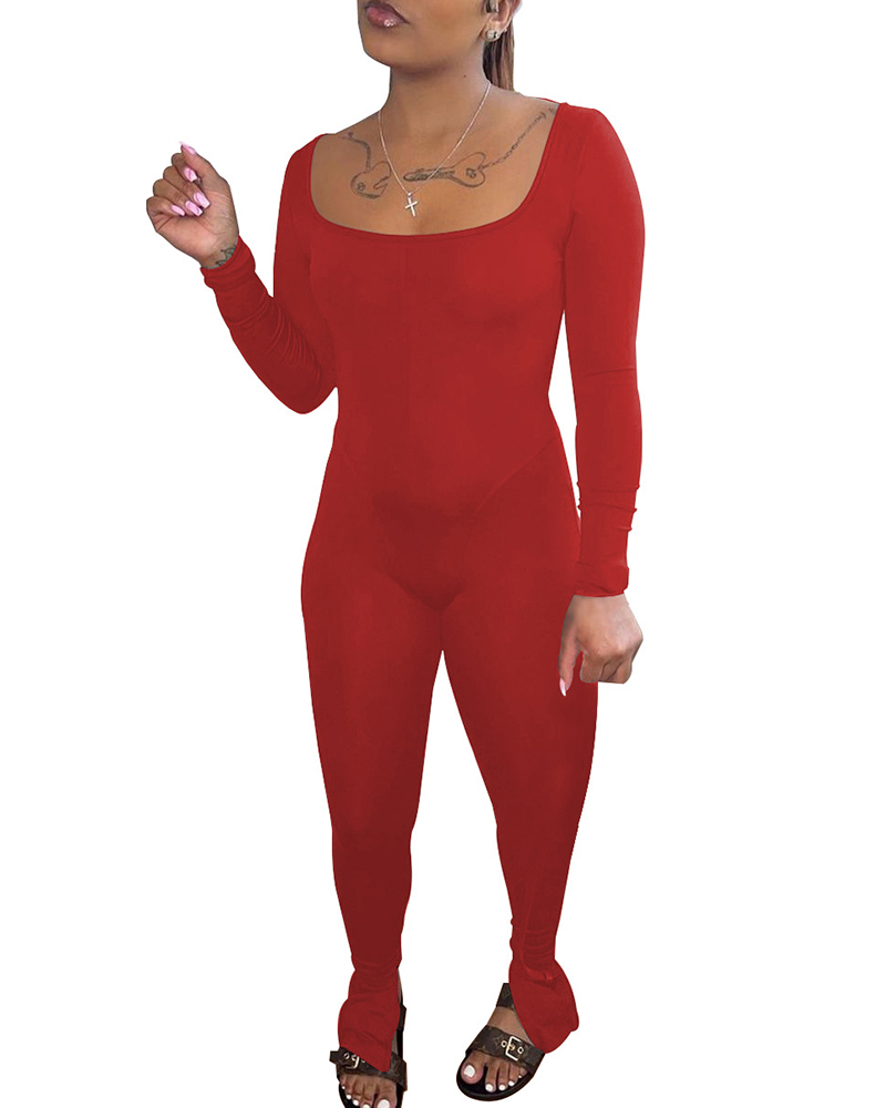 

Long Sleeve Backless Tied Detail Skinny Jumpsuit, Red