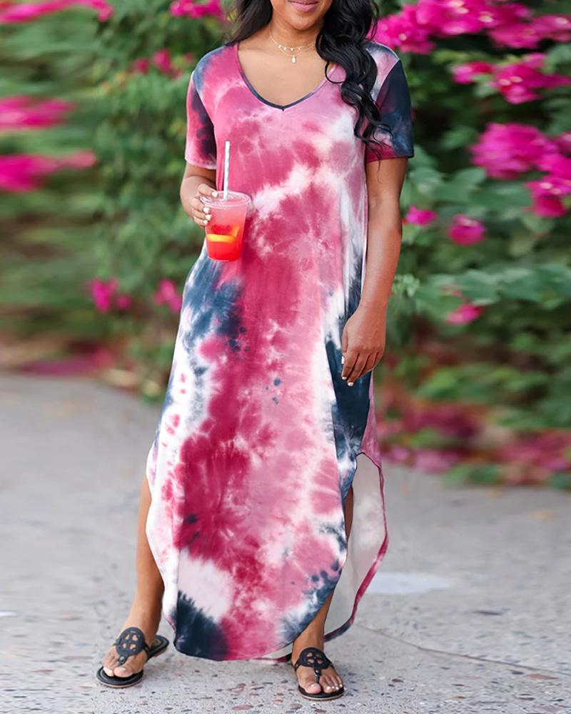 

Tie Dye Print Short Sleeve Slit Maxi Dress, Hot pink