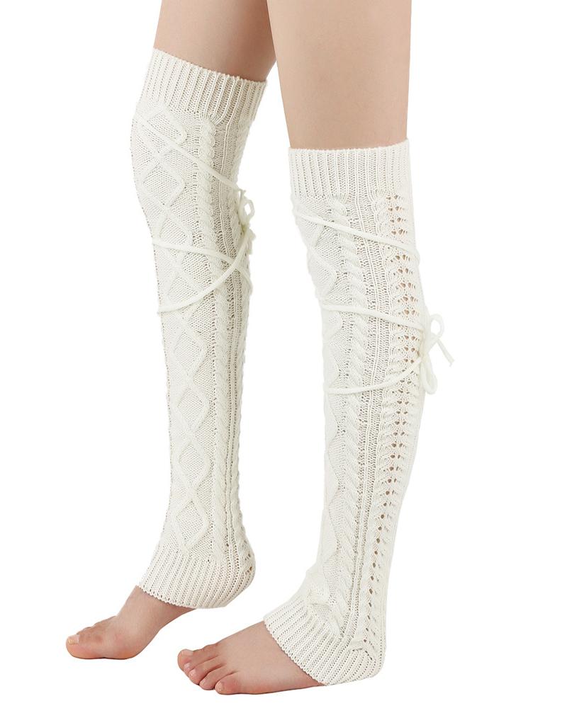 

Knit Cable Crisscross Thigh-High Leg Warmers, White