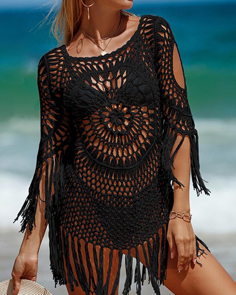 

Tassel Trim Hollow Out Crochet Cover Up, Black