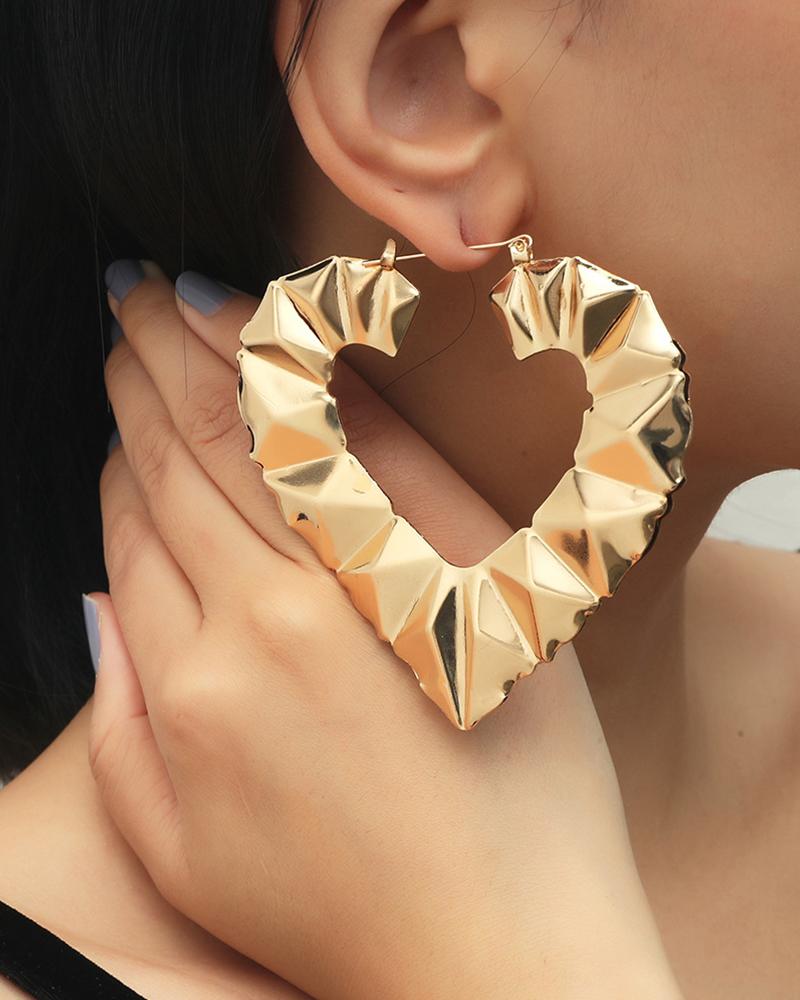 

1Pair Heart Shaped Textured Hoop Earrings, Gold