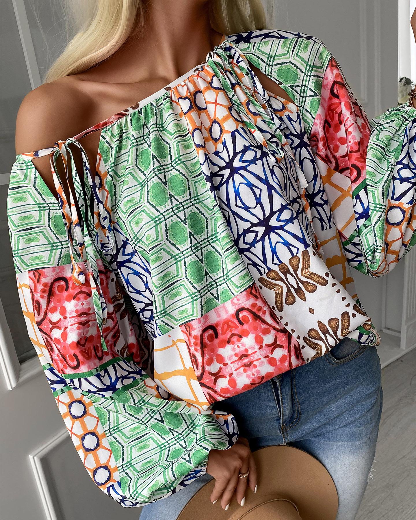 

All Over Print One Shoulder Top, White