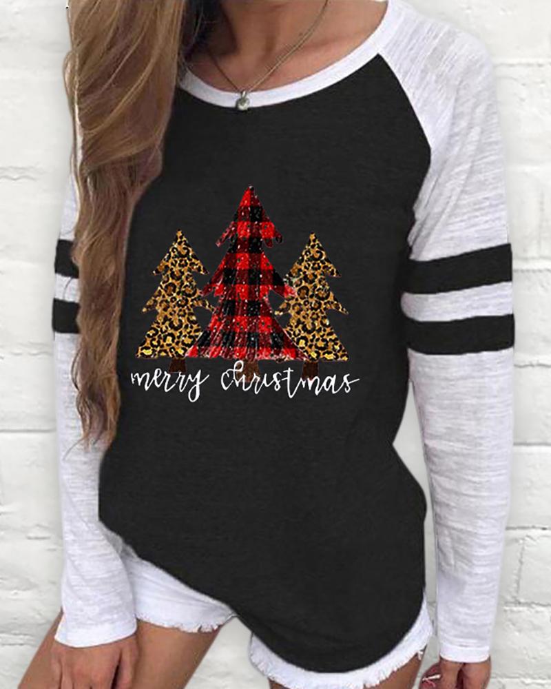 

Christmas Long Sleeve Casual Tree Print Sweatshirt, Black