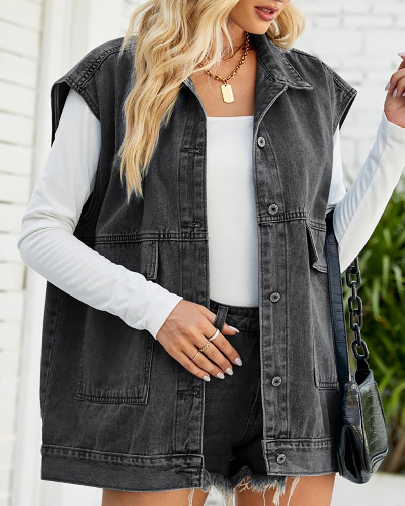 

Pocket Design Buttoned Cap Sleeve Denim Coat, Dark grey