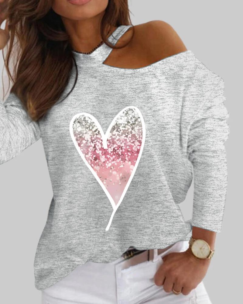 

Valentine' Day Heart Print Cold Shoulder Top, Gray