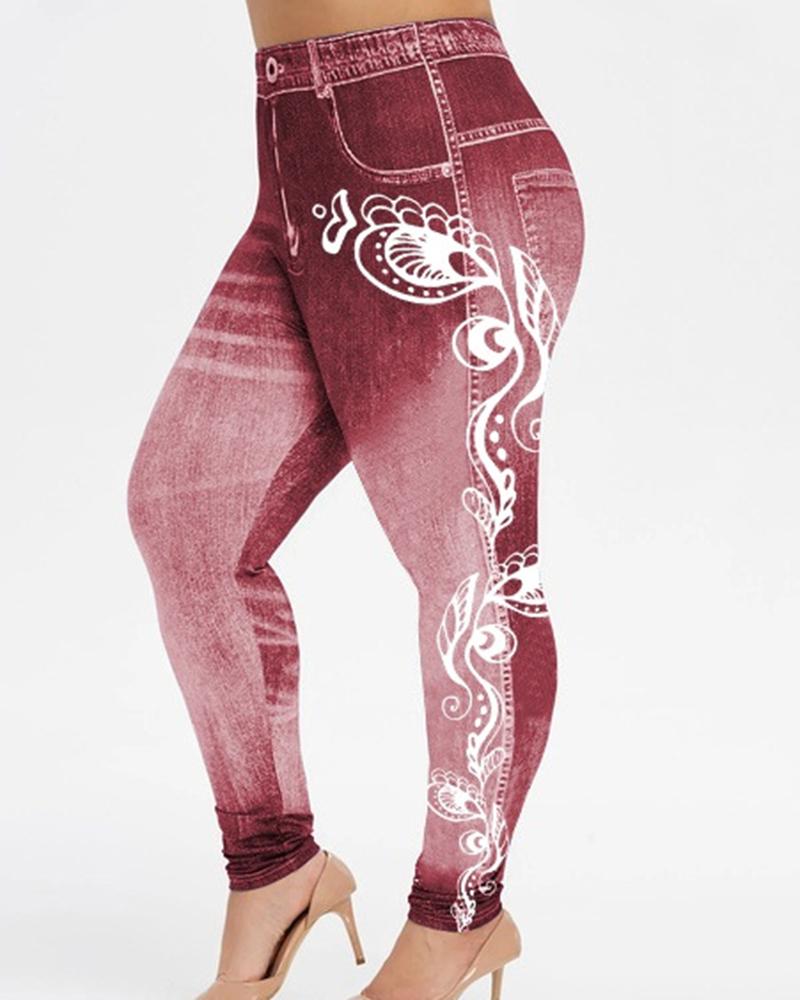 

Plus Size Floral Denim Look Print High Waist Leggings, Red