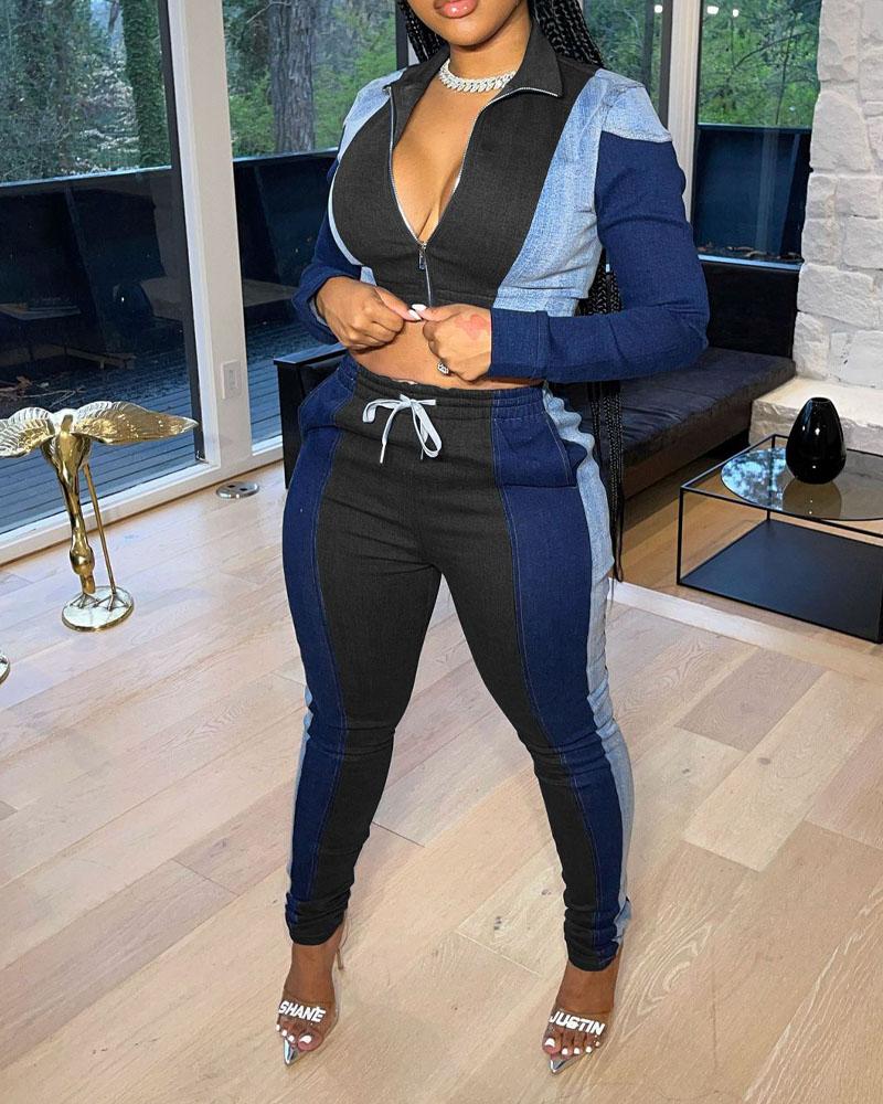 

Colorblock Zip Up Crop Top & Drawstring Pants Set, Black