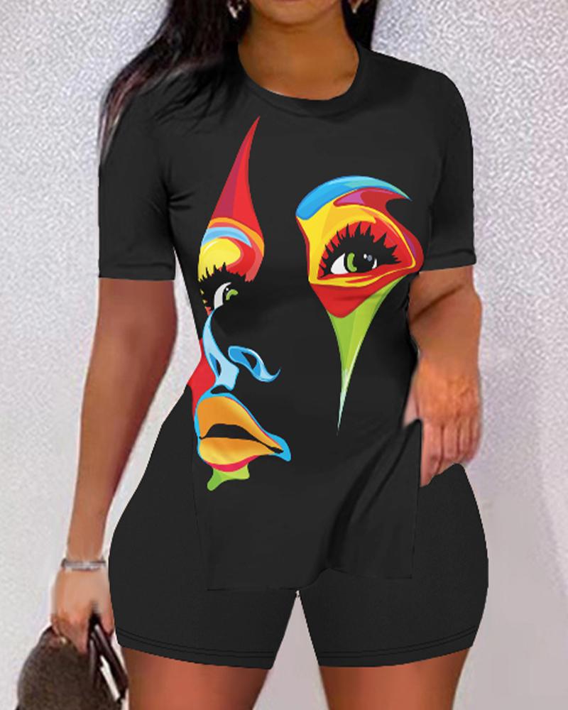 

Abstract Figure Print Split Hem Top & Shorts Set, Black