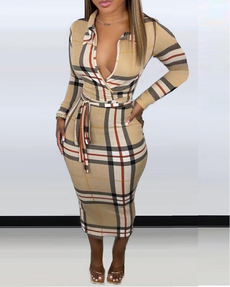 

Plaid Print Long Sleeve Bodycon Dress, Khaki