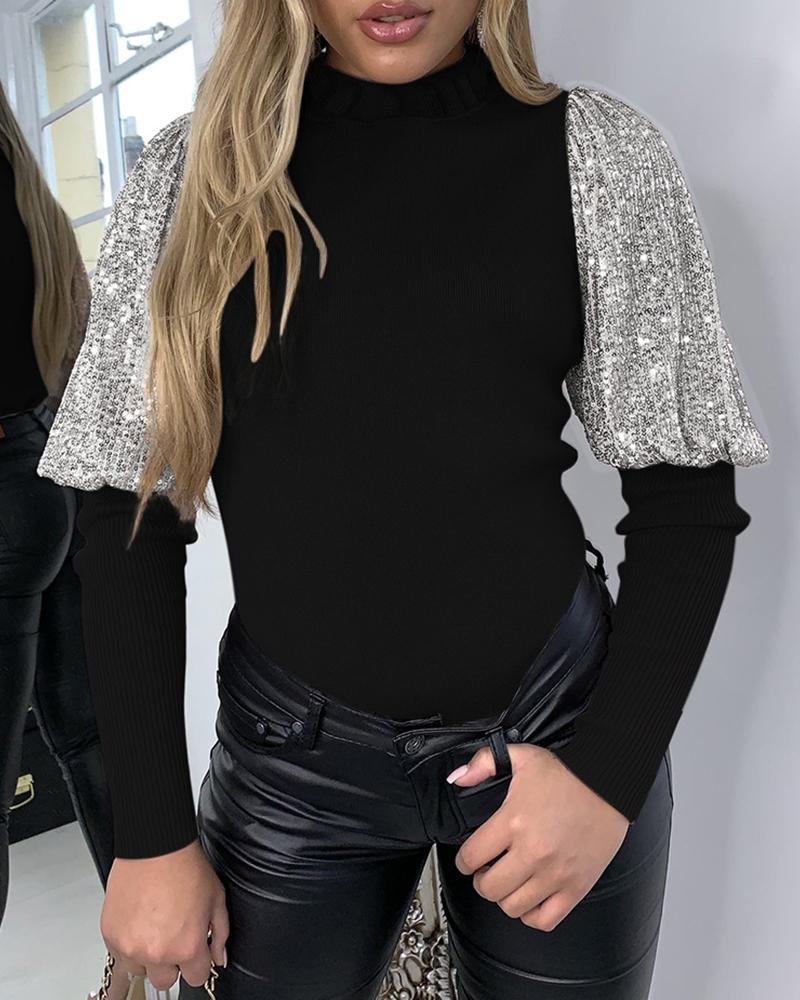 

Long Sleeve Sequin Casual Blouse, Black
