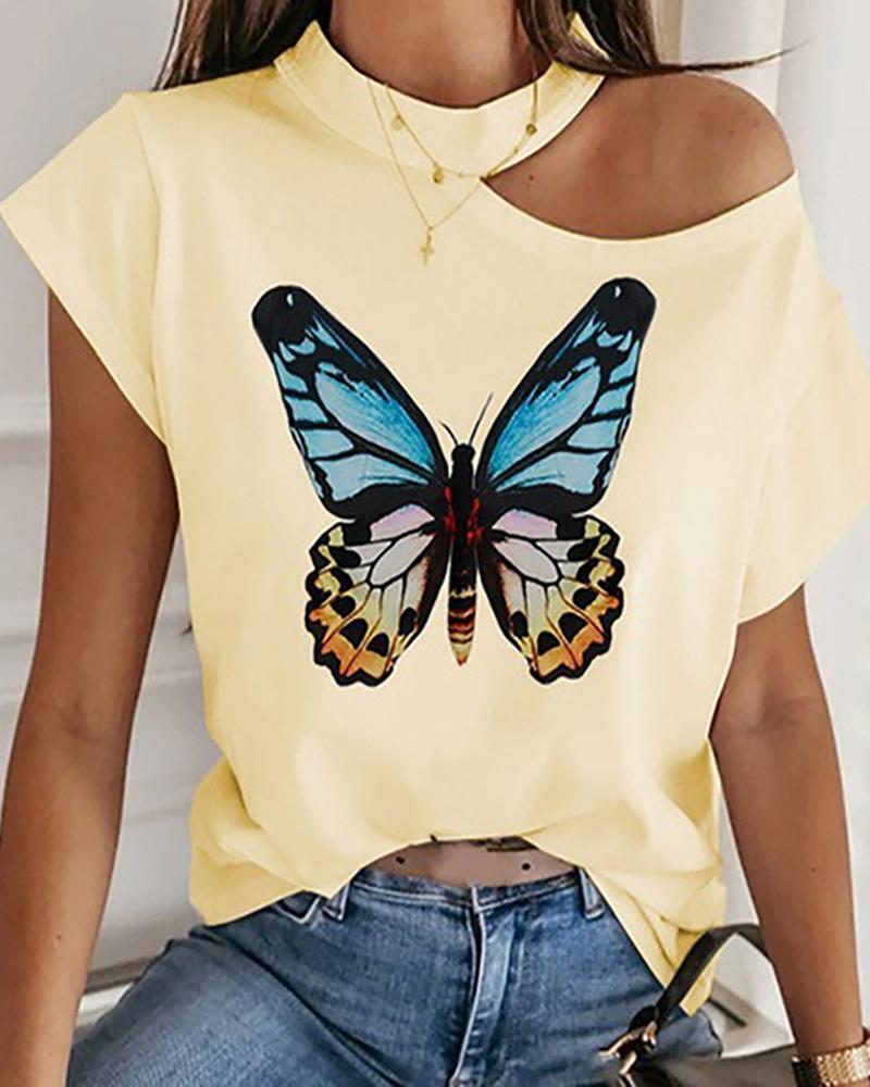 

Butterfly Print Cutout Casual T-Shirt, Yellow