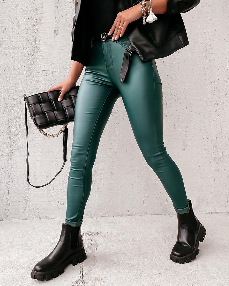 

High Waist PU Leather Skinny Pants, Green