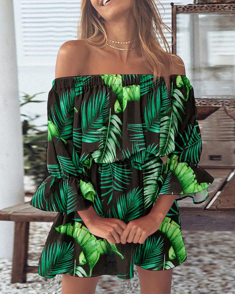 

Tropical Print Off Shoulder Bell Sleeve Casual Dress, Green