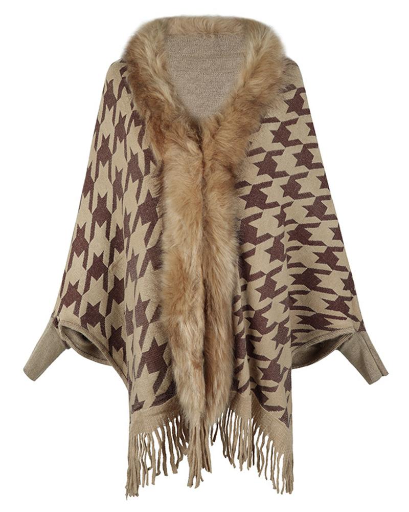 

Houndstooth Print Fringe Hem Faux Fur Patch Poncho Knit Cardigan, Khaki