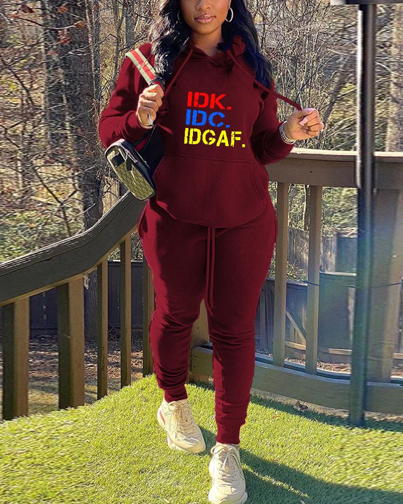 

Plus Size Letter Print Long Sleeve Hoodie & Pants Set, Red