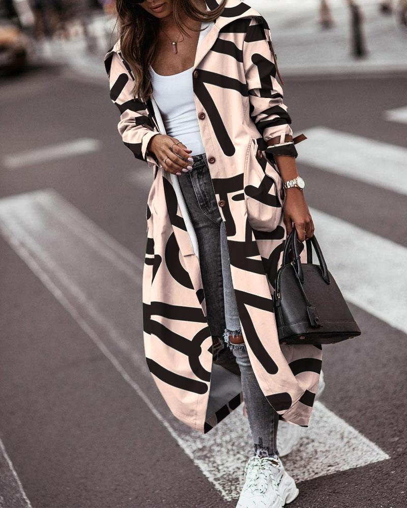 

Letter Print Button Front Belted Hem Trench Coat, Apricot