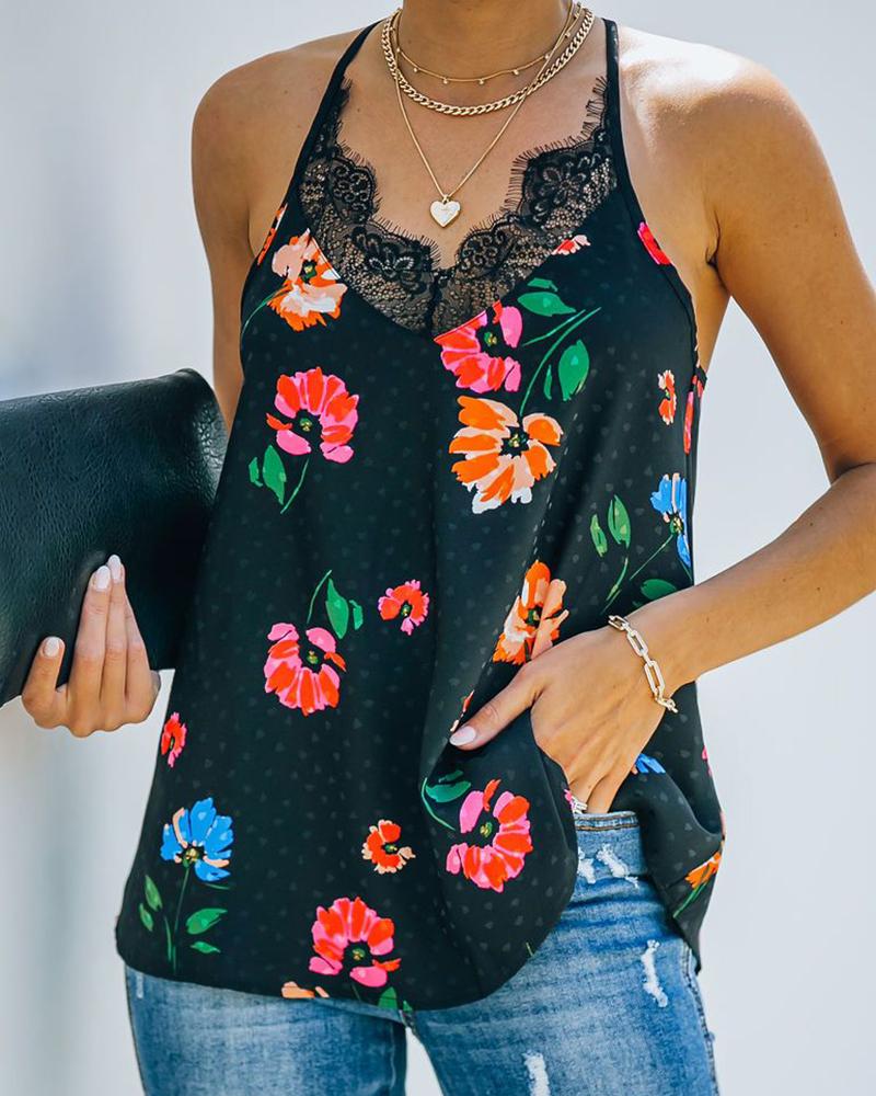 

Floral Print Lace Hem Backless Cami Top, Black