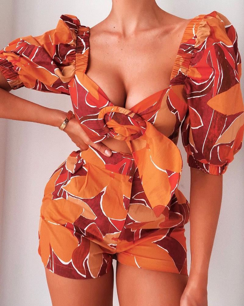 

Floral Print Puff Sleeve Square Neck Crop Top & Shorts Sets, Orange
