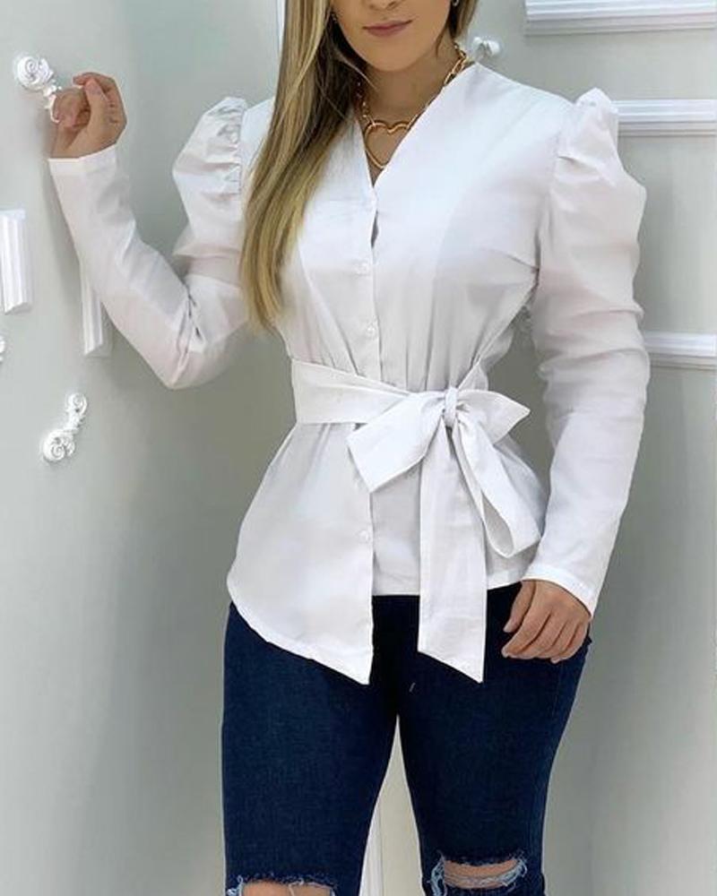 

Puff Sleeve Tie Side Button Up Top, White