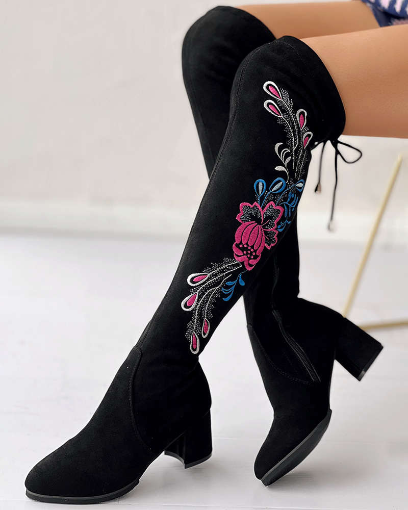 

Floral Embroidery Tied Detail Over-The-Knee Long Boots, Black