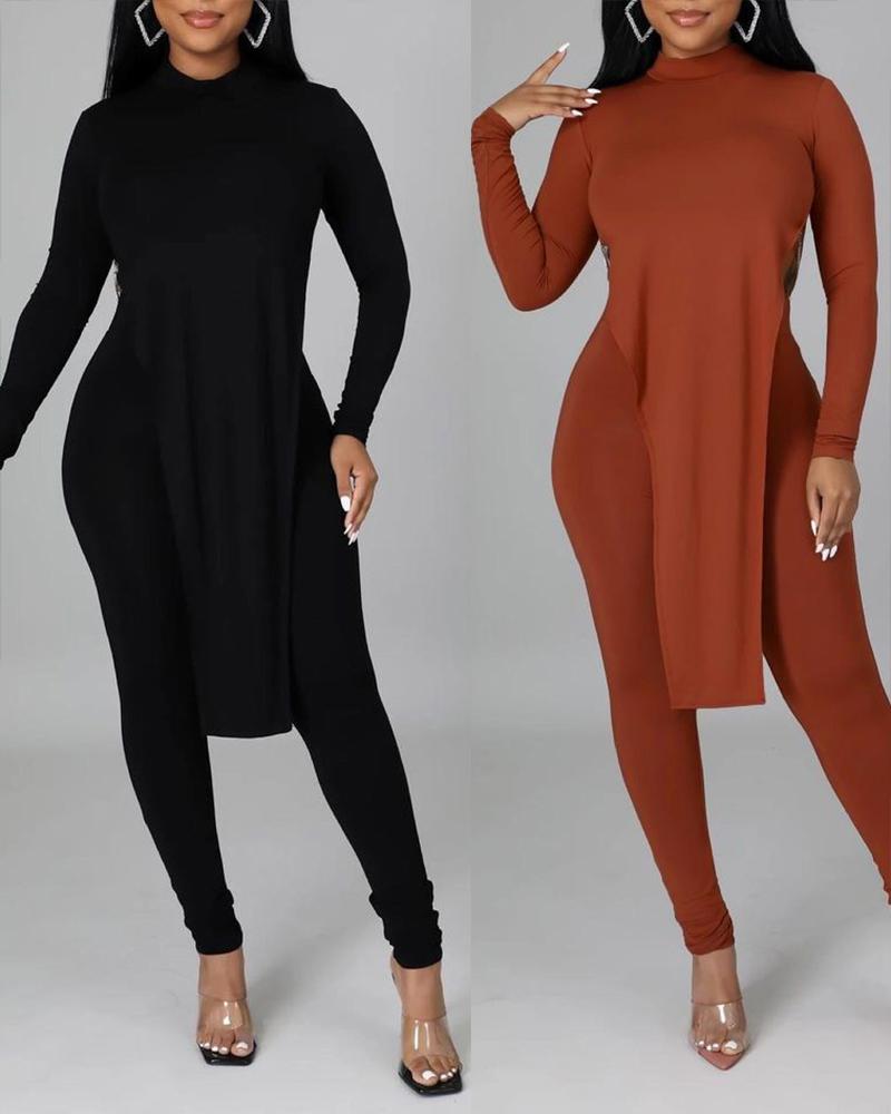 

Long Sleeve High Slit Top & High Waist Pants Set, Orange