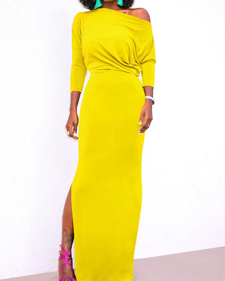 

Solid Batwing Sleeve Split Maxi Dress, Yellow