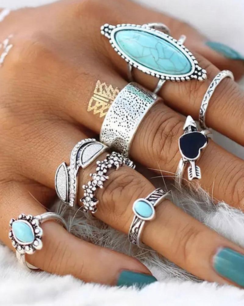 

8pcs Bohemian Vintage Geometric Turquoise Stackable Rings Set, Silver