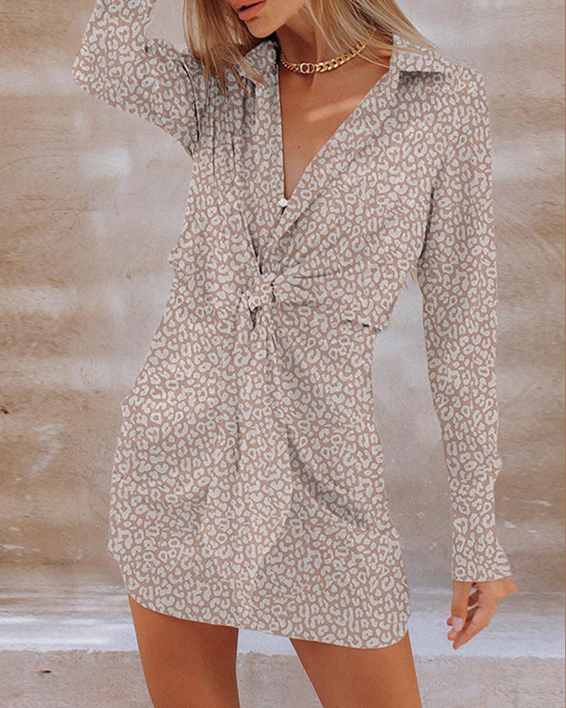 

Long Sleeve Cheetah Pattern Print Tie Front Shirt Dress, Apricot