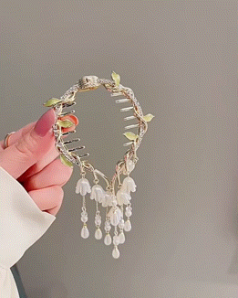 

1pc Crystal Floral Waterdrop Tassel Hair Clip, White