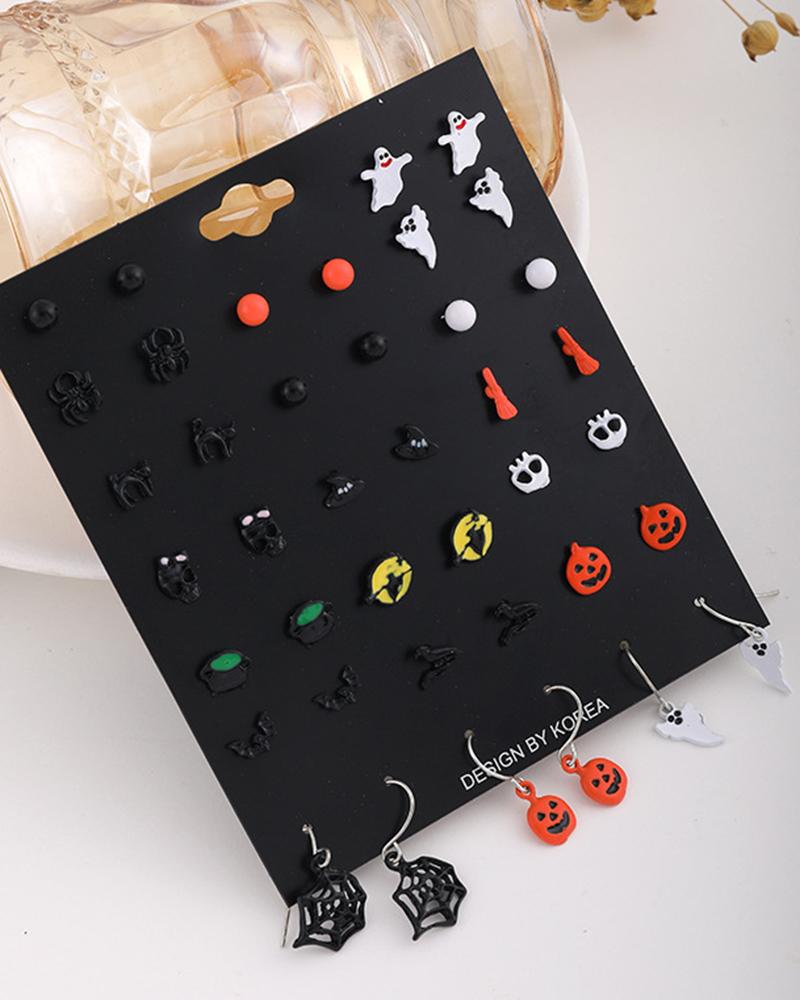 

20Pairs Halloween Pumpkin Ghost Spider Web Cat Graphic Stud Hook Earrings Set, Black